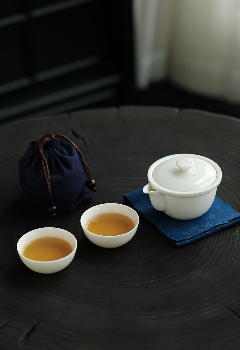 White Glaze Portable Gongfu Tea Set ,one pot two cups