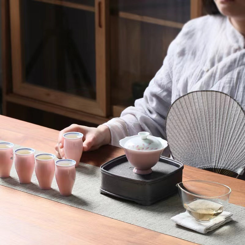 Porcelain teapot hand pained pink lotus gaiwan