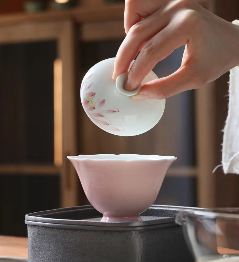 Porcelain teapot hand pained pink lotus gaiwan