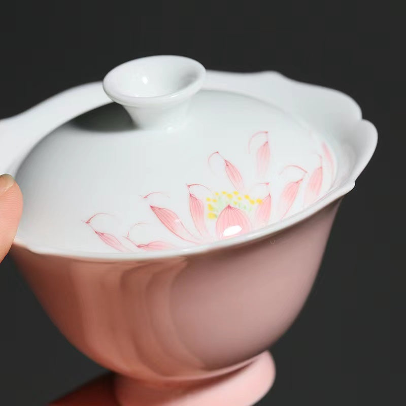 Porcelain teapot hand pained pink lotus gaiwan