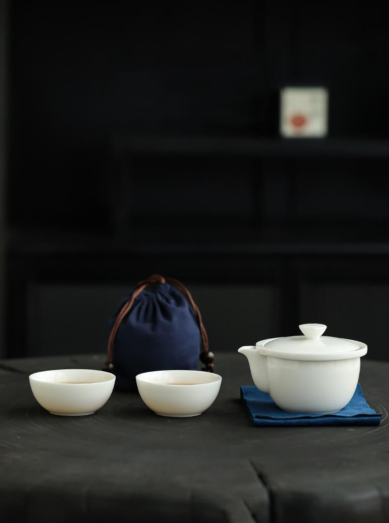 White Glaze Portable Gongfu Tea Set ,one pot two cups